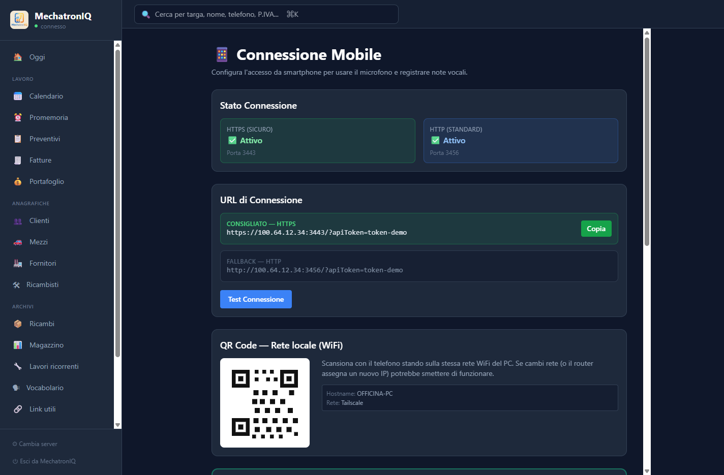 Schermata desktop Connessione Mobile con QR code