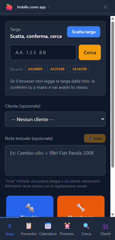 PWA mobile con nota vocale, codice lavorazione e nota testuale