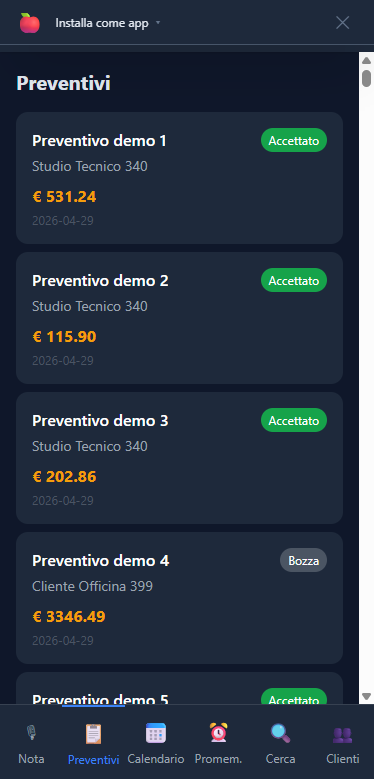 PWA mobile elenco preventivi